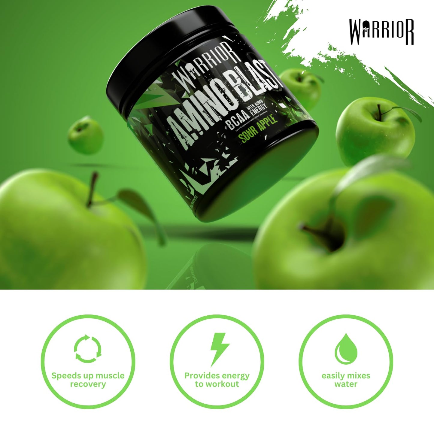 Warrior Amino Blast BCAA Powder 270g – Fruit Salad Flavour, BCAA Supplement for Muscle Recovery, Energy, Endurance, Hydration, Pre & Post Workout Nutrition - Sour Apple