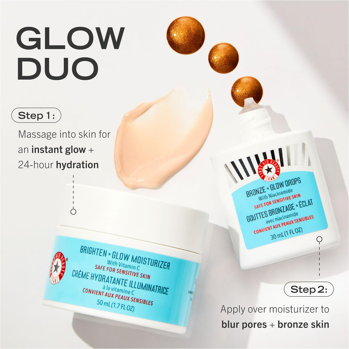 FIRST AID BEAUTY First Aid Beauty Bronze + Glow Drops with Niacinamide – Face Serum Helps Give an Instant Glow, Visibly Even Skin Tone + Blur Pores – Safe for Sensitive Skin – 30 mL