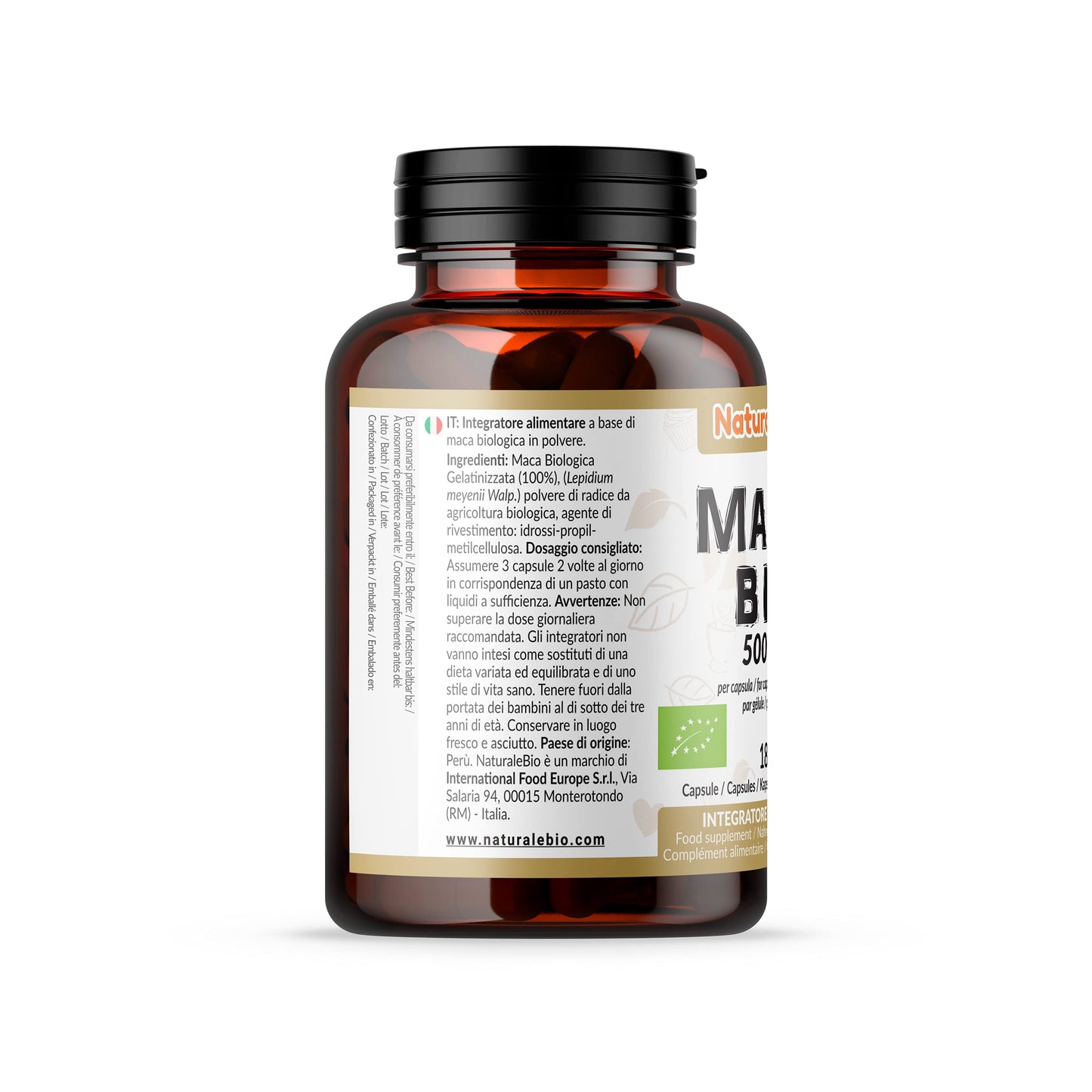 Organic Maca Capsules, 500mg - 180 Capsules. Gelatinised, Natural and Pure, from Organic Peruvian Maca Root. Vegetarian and Vegan Friendly. NaturaleBio