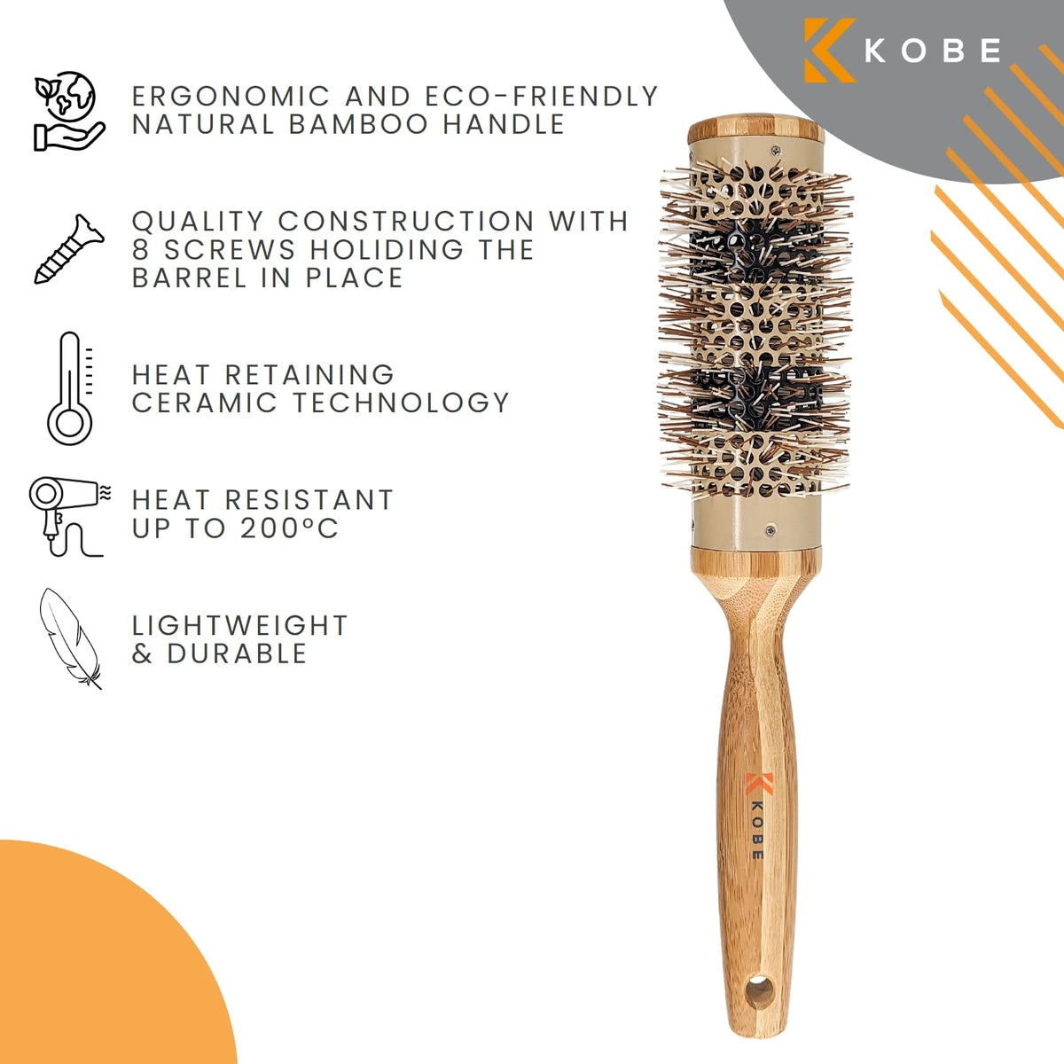Kobe Pinto Professional Bamboo Thermal Round Brush - Styling Brush for Blow Drying, Curling Brush - Eco Friendly Bamboo Handle - Heat-Retaining Ceramic Barrel Brush (38 mm)