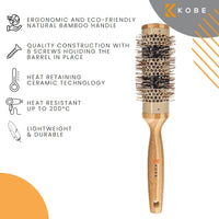 Kobe Pinto Professional Bamboo Thermal Round Brush - Styling Brush for Blow Drying, Curling Brush - Eco Friendly Bamboo Handle - Heat-Retaining Ceramic Barrel Brush (38 mm)