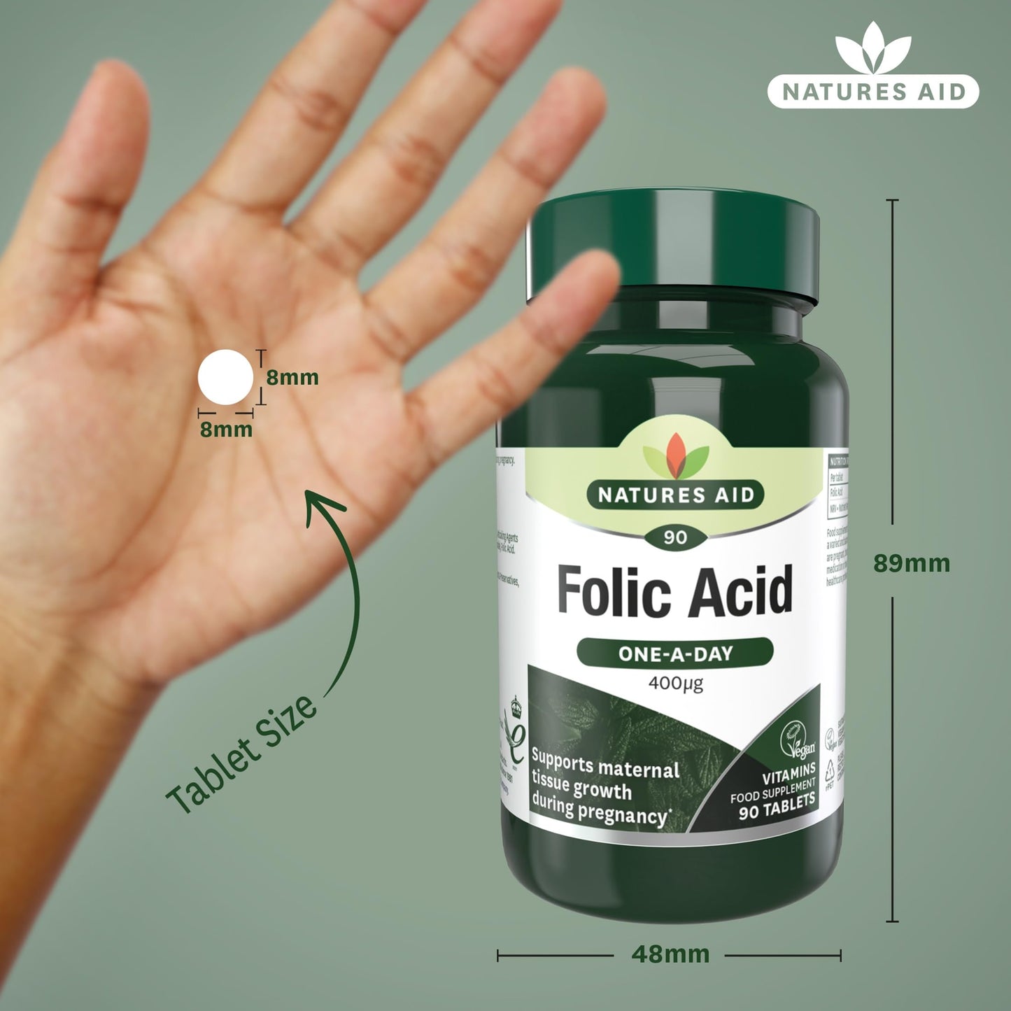 Natures Aid Folic Acid 400mcg – Supports Prenatal Health, Red Blood Cell Formation, DNA Synthesis – Vegan, Non-GMO, Gluten-Free – High Potency Natural Supplement – 90 Tablets