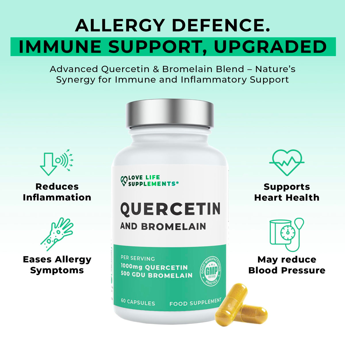 LOVE LIFE SUPPLEMENTS Quercetin & Bromelain Supplement | 60 Capsules -30 Servings | Powerful Antioxidant | 1000mg Quercetin (from Sophora japonica) and 500 GDU Bromelain (from Pineapple) per Serving | Love Life Supplements