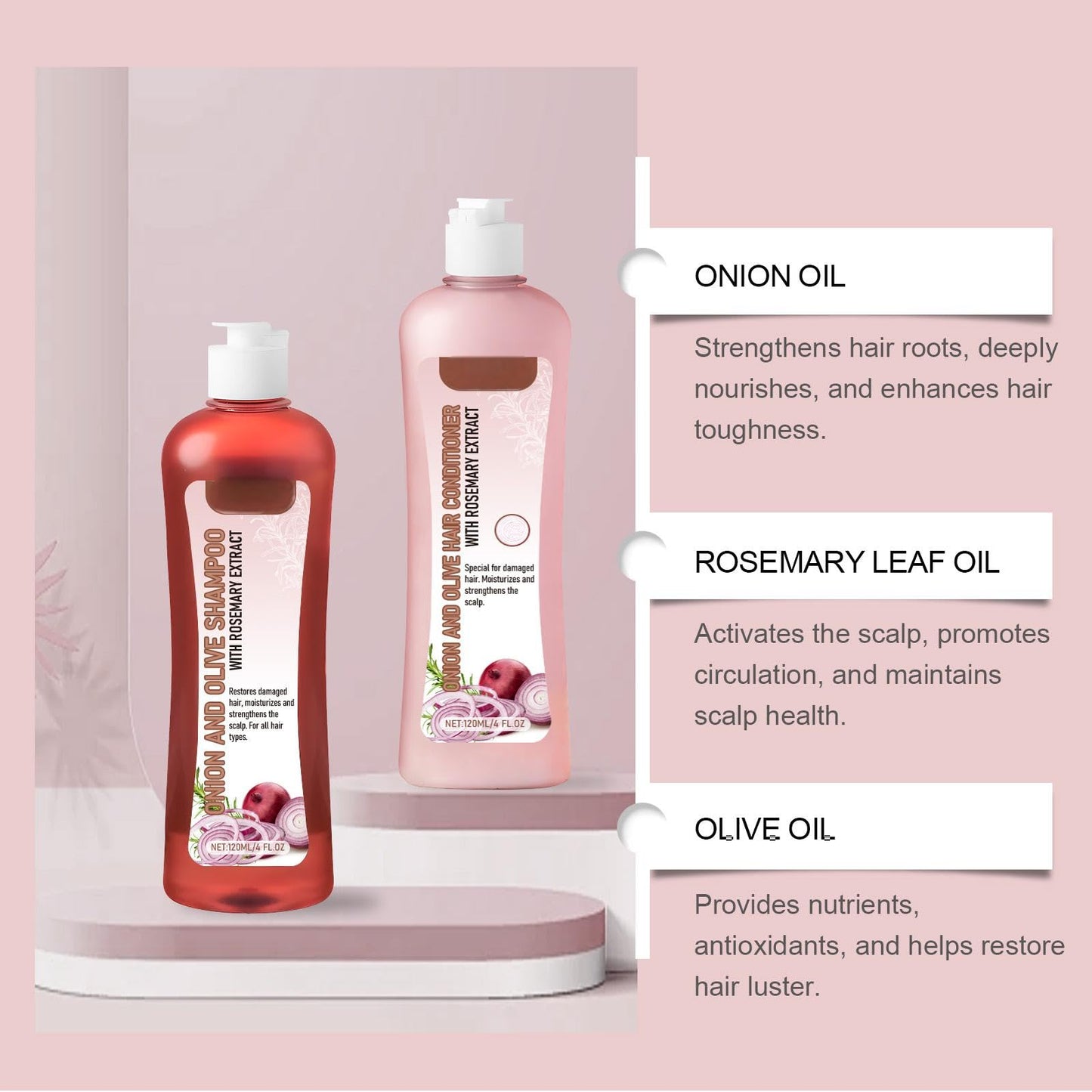 Bploar Onion And Olive Shampoo Conditioner Set, Onion Rosemary Shampoo Set for Hair Growth & Volume, Hair Care Shampoo & Conditioner Set - 120 ml Duo Against Hair Loss for Stronger, Thicker, Longer Hair