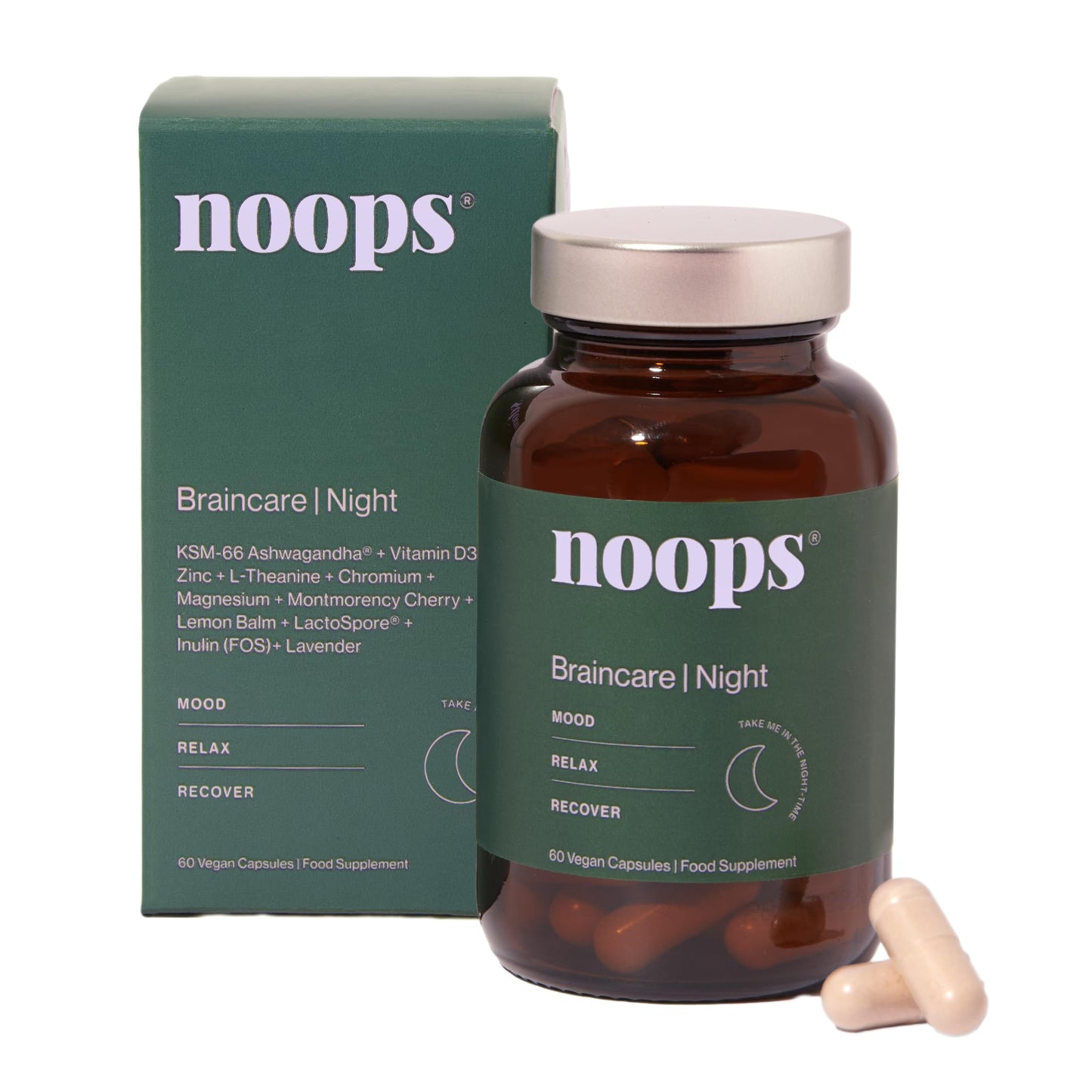 Noops Nootropics Brain Care Night for Mood, Calm & Relaxation with Ashwagandha KSM-66, L-Theanine, Montmorency Cherry, Magnesium, Lemon Balm & Lavender Supplement Complex, 60 Capsules