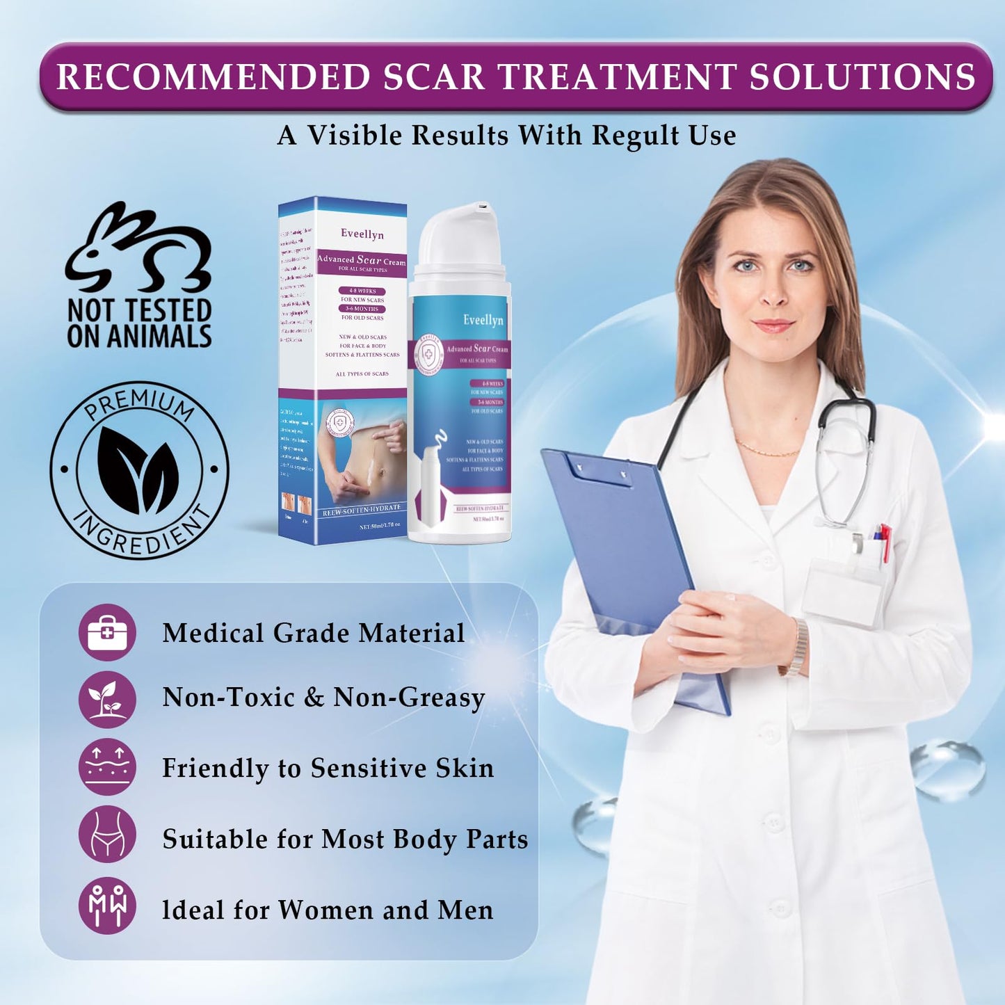 Eveellyn Scar Cream, Scar Gel, Professional Scar Removal Cream for Surgical Scars, Stretch Mark, Keloid Bump, C-Section, Burn, Acne, Old and New Scars 1.7 oz (50g)