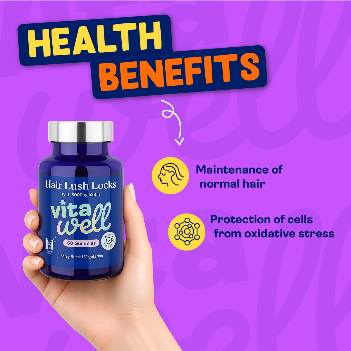 Vitawell Hair Lush Locks Gummies - Hair Growth + Skin + Nails Vitamins Chews | Complex Formula 5000µg Biotin + Zinc + Vitamin A, D3, C, B12 | 60 Berry Burst Flavour | Supplement for Men & Women