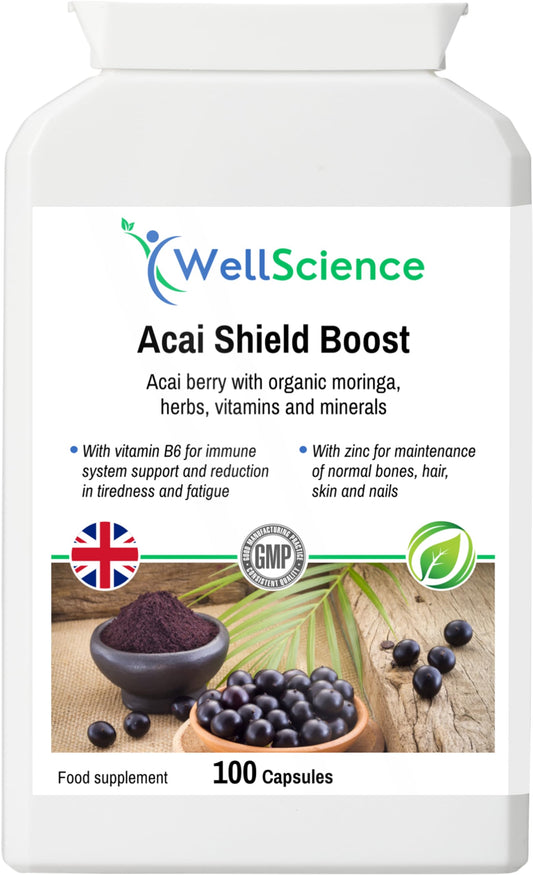 Wellscience Acai Shield Boost - Immune Support, Energy Booster & Antioxidant Protection with Acai Berry, Organic Moringa, Vitamins B6, Zinc & Biotin | Promotes Healthy Skin, Hair & Nails