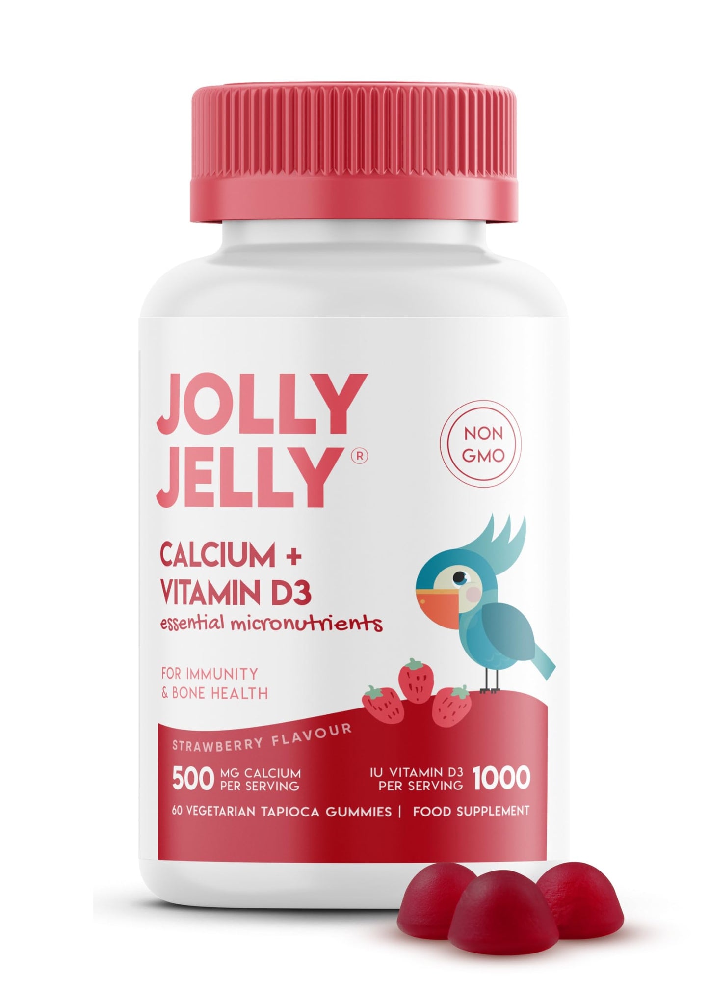 JOLLY JELLY Calcium and Vitamin D3 Tapioca Gummies – 500mg Calcium 1000IU Vitamin D3 – 60 Vegan Gummies – Immunity & Bone Health – Strawerry Flavour by Jolly Jelly