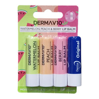 Generic Derma V10 Trio Pack 1 of Each Lip balm Peach Watermelon Berry AND 1 Original Derma intensive with Vitamin E Lip Balm 4.8g