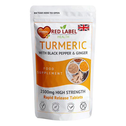 Red Label Health Turmeric Tablets 2620 mg with Black Pepper & Ginger, 200 Count High Strength Curcumin Supplements, Not Turmeric Capsules, Vegan and Gluten Free, UK Made