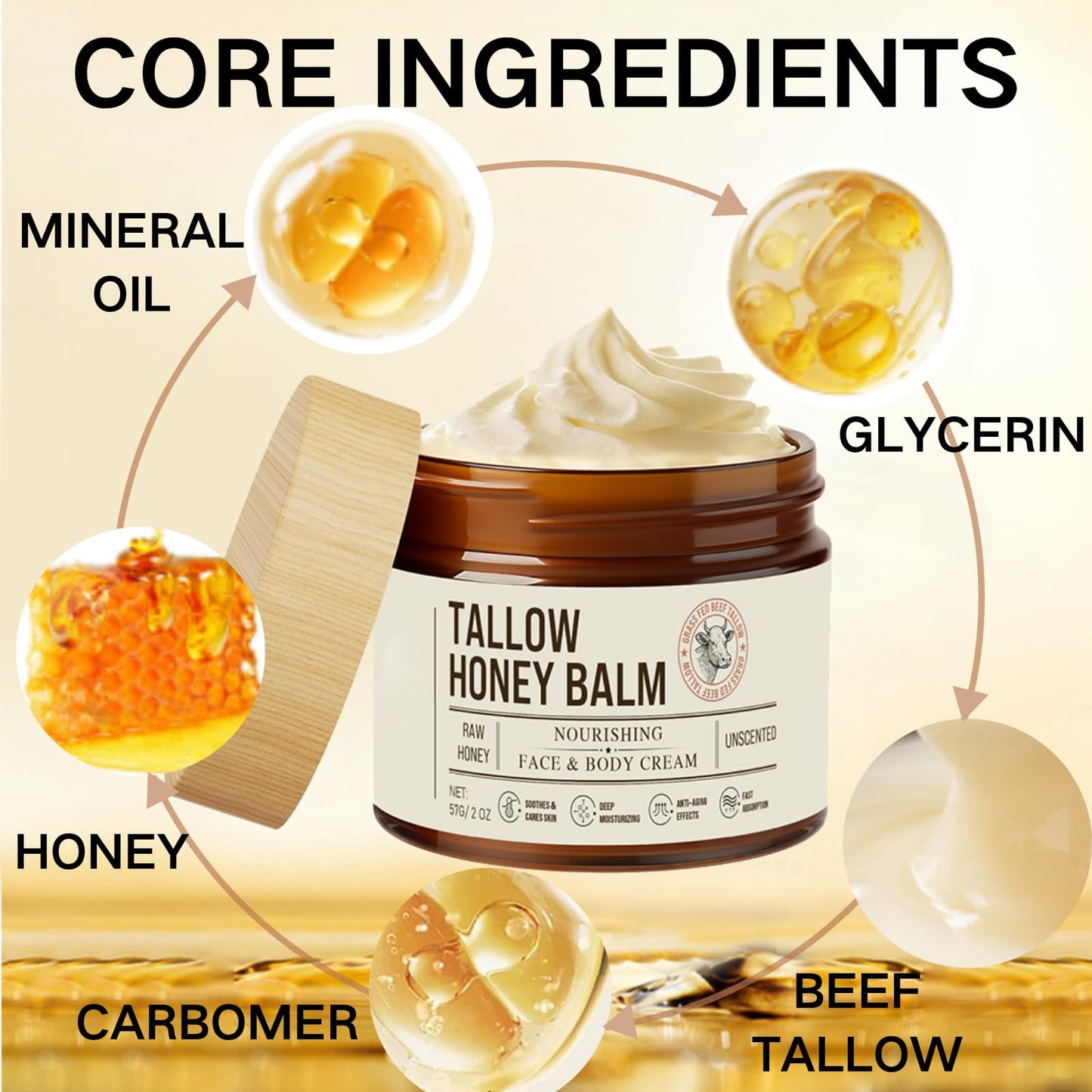 Cureluxe Body Moisturiser & Face Cream with Natural Beef Tallow,Beef Tallow Honey Blam for Face & Body Care,Smooth Skin,Deep Hydration & Nourishment,Day Cream for All Skin Types,57g