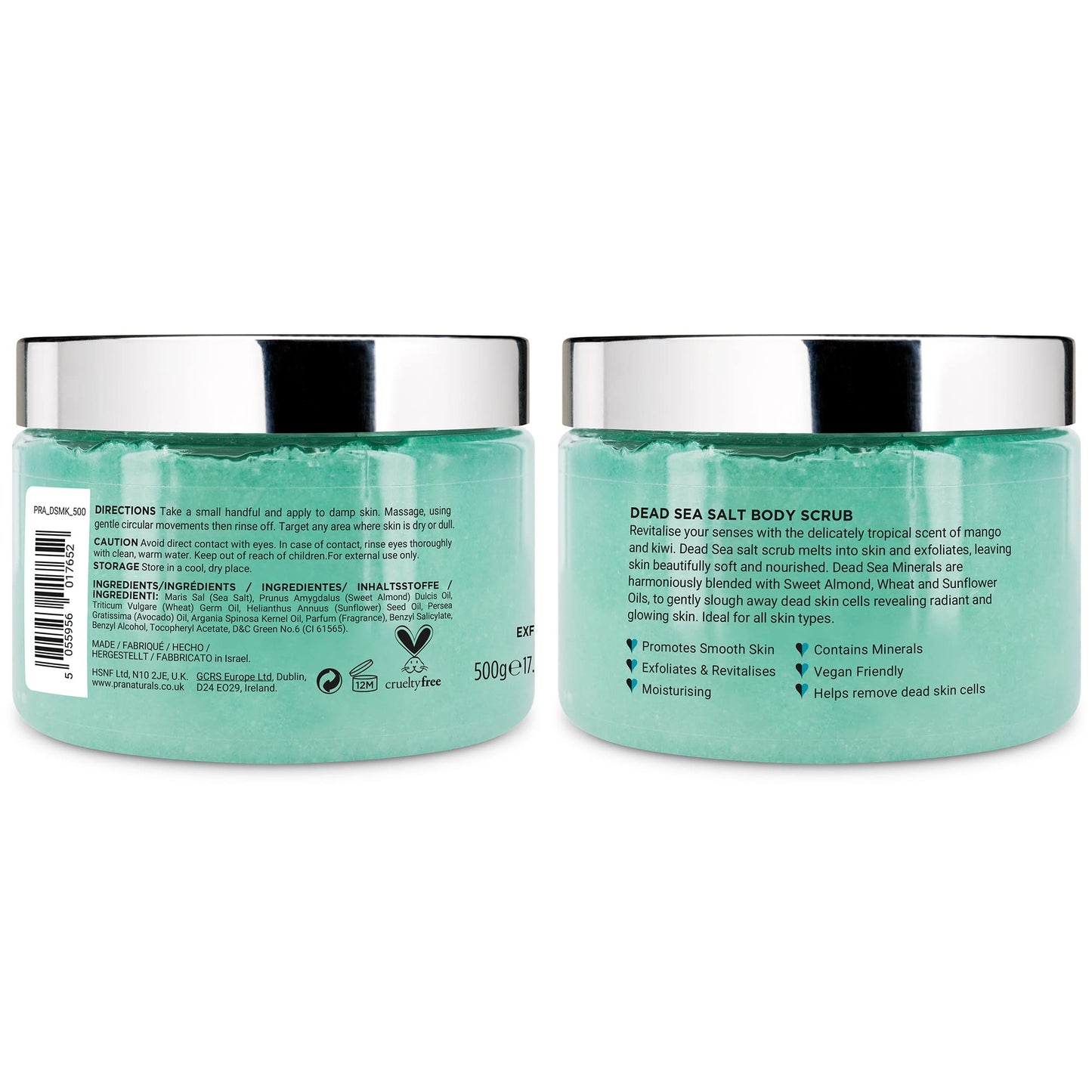 PraNaturals Dead Sea Salt Scrub, 100% Nourishing & Exfoliating, Mineral Rich Smooths Brightens & Moisturizes Skin, Enriched with Mango & Kiwi Scent (2x 500g)