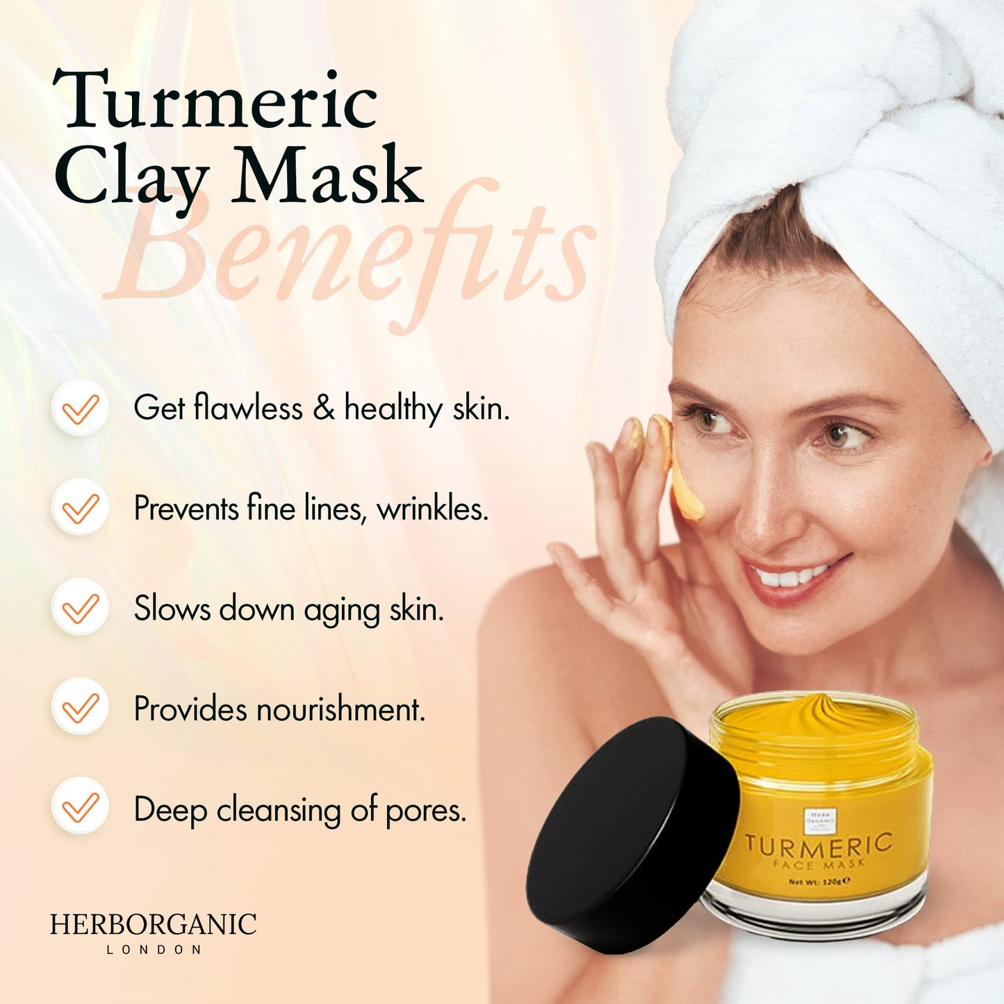 Herborganic Turmeric Clay Face Mask – For Detoxification and Hyper-Pigmentation – 120 g – Acne Treatment and Deep Cleansing with Aloe Vera and Jojoba Oil