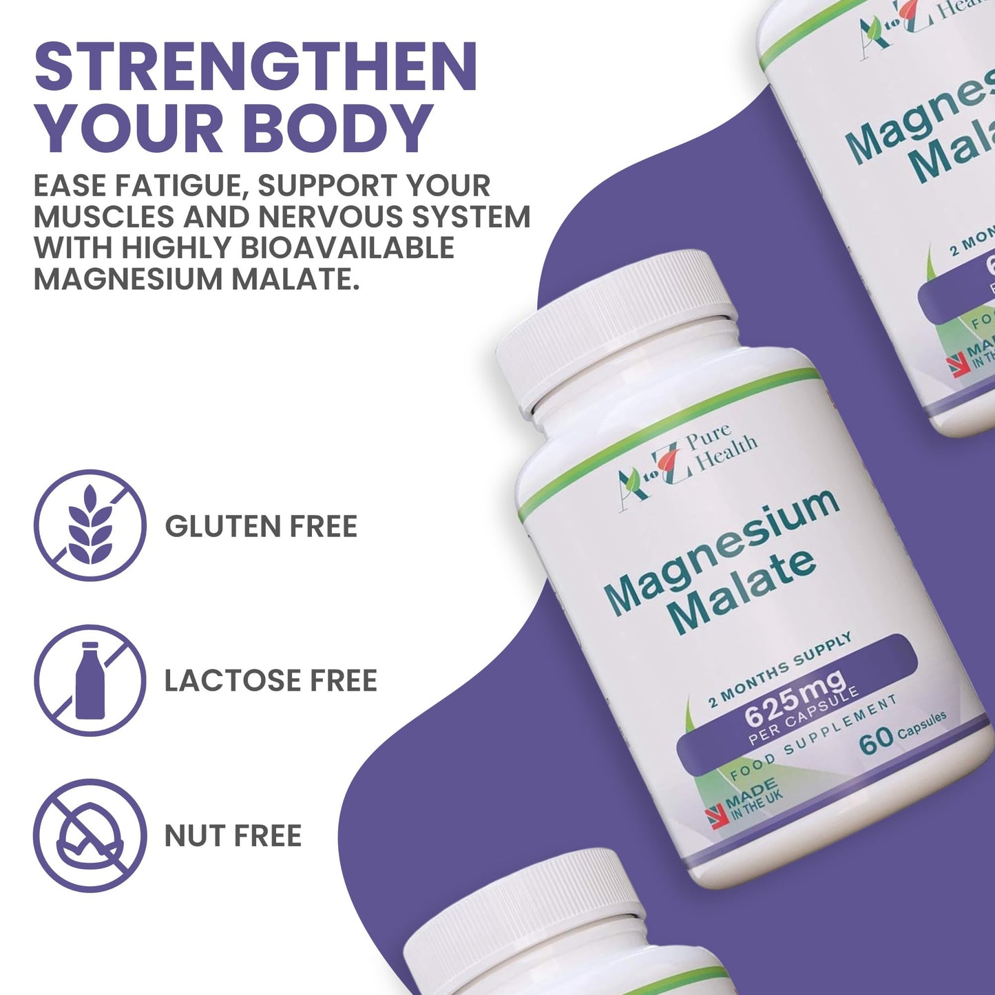 A to Z Pure Health Magnesium Malate Capsules | High Absorption, Premium Magnesium Malate 625mg Supplement | 60 Easy to Swallow Capsules (2 Months Supply) | Supports Energy Levels, Heart Health, Muscle Function | UK Made