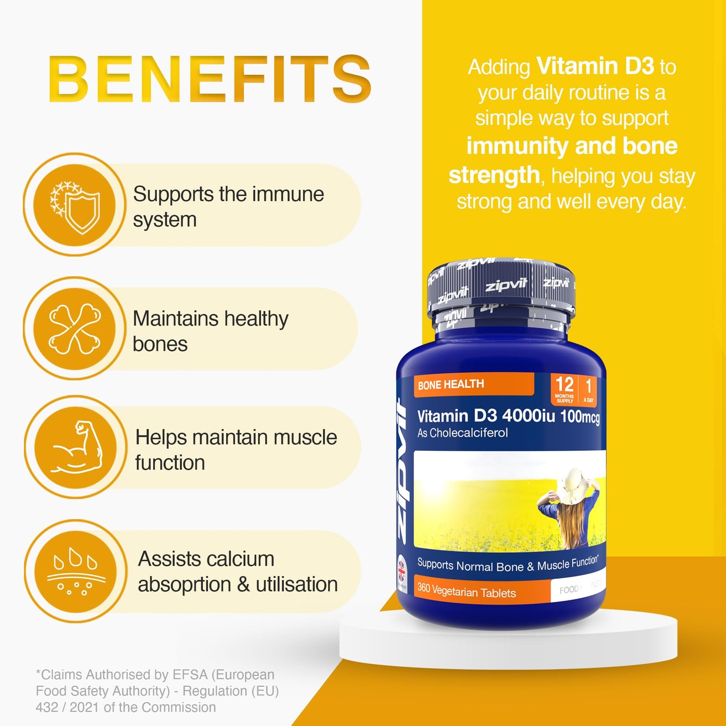 Zipvit Vitamin D3 4000 IU, 360 Maximum Strength Vitamin D Tablets, 12 Months Supply, Vegetarian, 1 a Day, VIT D3 As Cholecalciferol, Supports Bones Muscles, Immune System