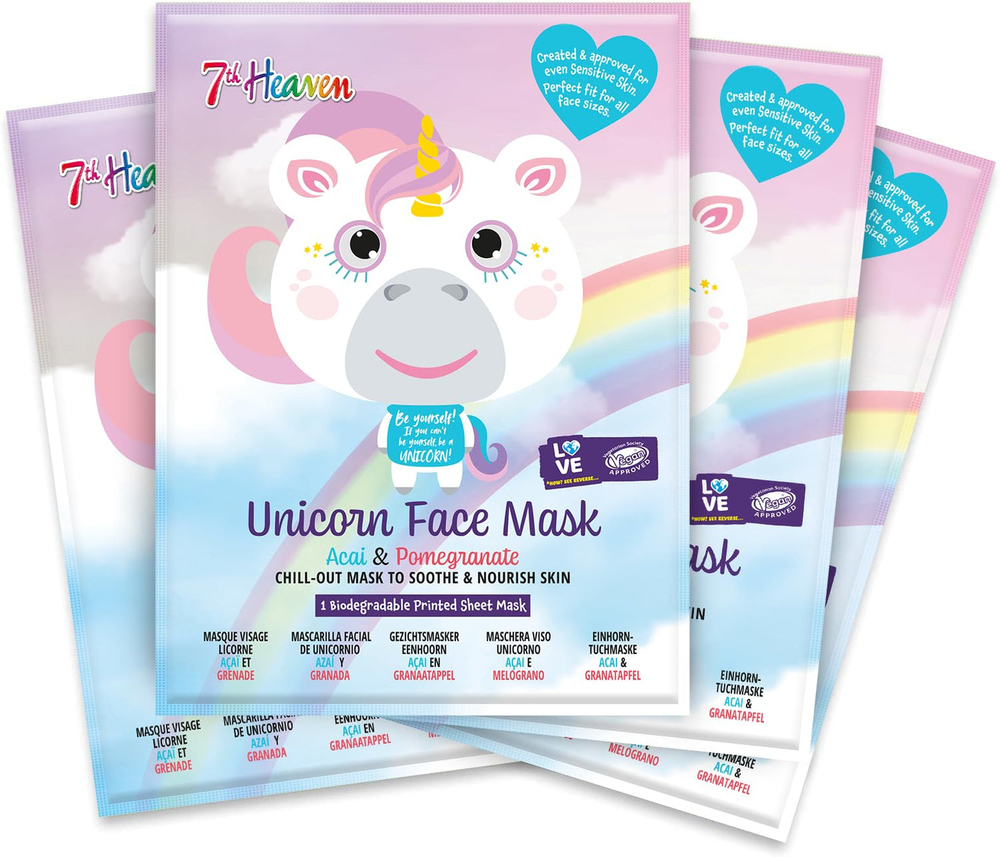 7th Heaven Unicorn Sheet Face Mask, Pack of 4 – Kid-Friendly Face Mask Sheets to Soothe and Nourish Skin (Ages 8+) – Acai & Pomegranate Face Masks Skincare Sheet