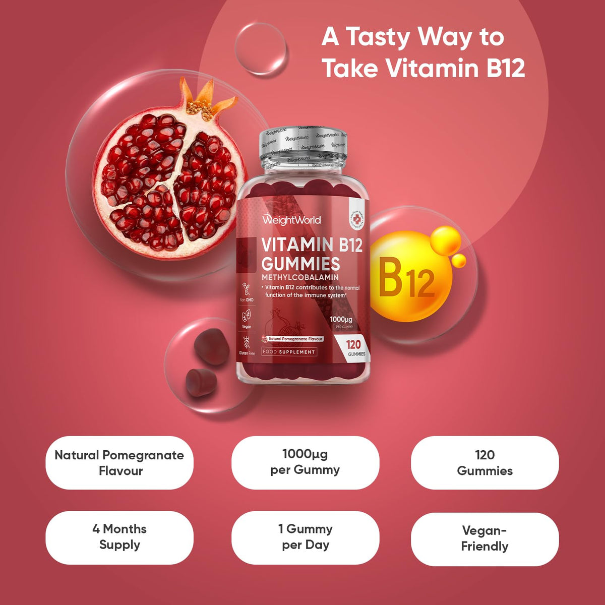 WeightWorld Vitamin B12 Gummies - 120 Gummies - 4 Months Supply - 1000mcg - Tasty, Natural Pomegranate Flavour - 1 per Day - Vegan & Gluten-Free - Methylcobalamin Form for Easy Absorption - B12 Vitamin Supplement