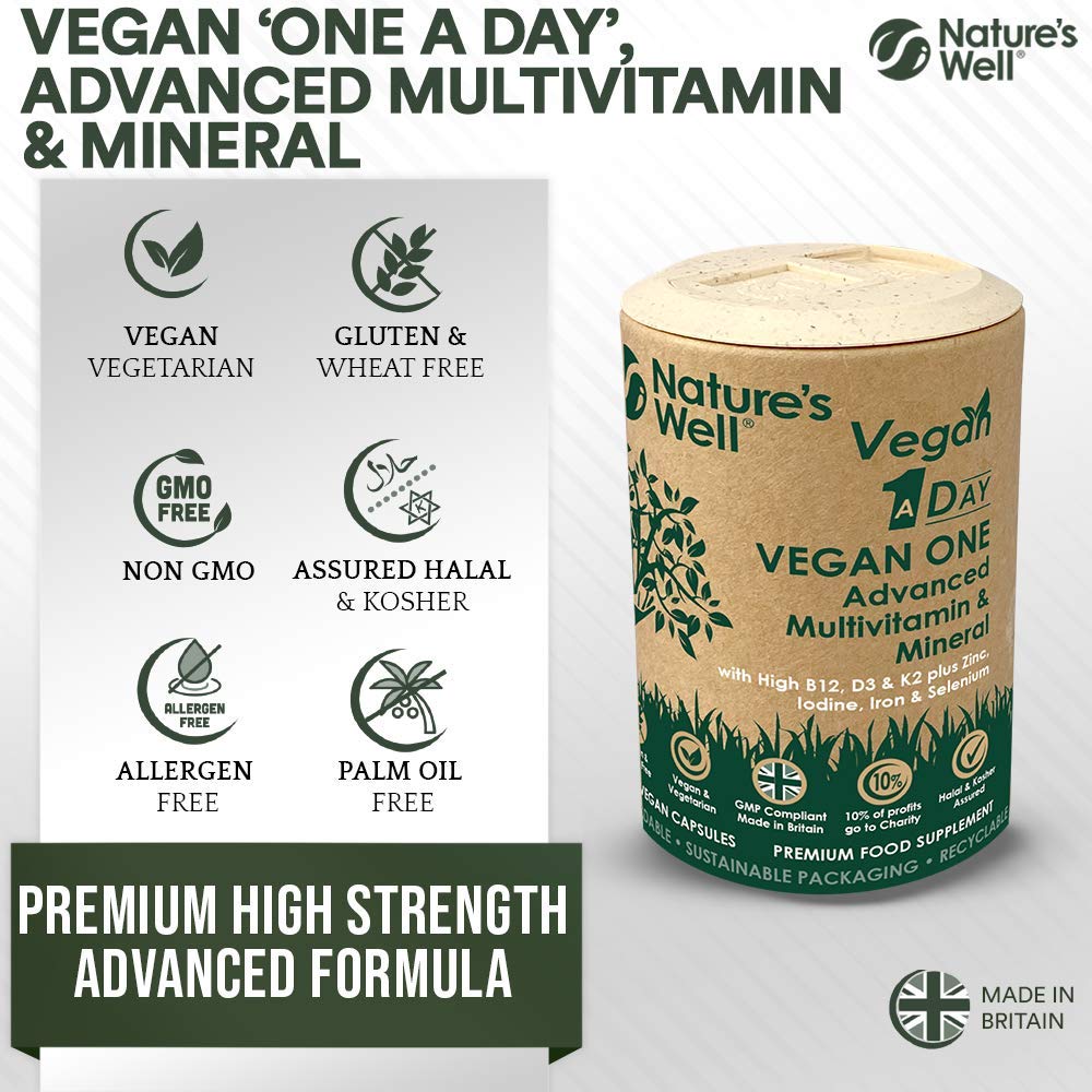 Nature's Well Vegan Multivitamins & Minerals with High Strength B12, D3 & K2, 90 Capsules – UK Made by Nature’s Well, Designed for Vegans & Vegetarians. - Pot