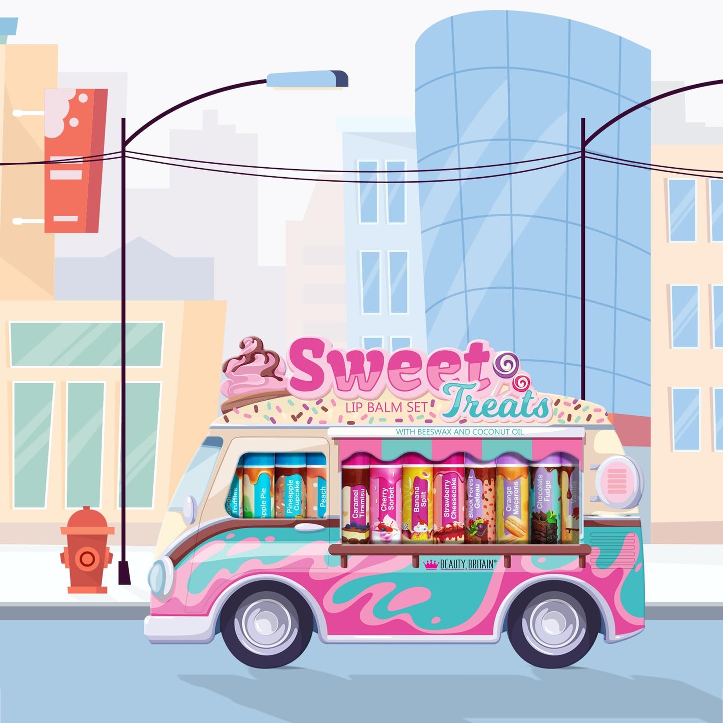 Beauty4Britain Kids Lip Balm Set Sweet Treats - 12 Different Dessert Flavours, Beeswax & Coconut Oil, Colourless, for Girls and Boys