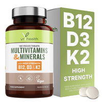 yrhealth Vegan Multivitamins & Minerals with Vitamin B12, D3 & K2, Zinc and Iron, 180 Vegan Society Registered Tablets for Men and Woman, 6 Month Supply - Made in The UK by YrHealth