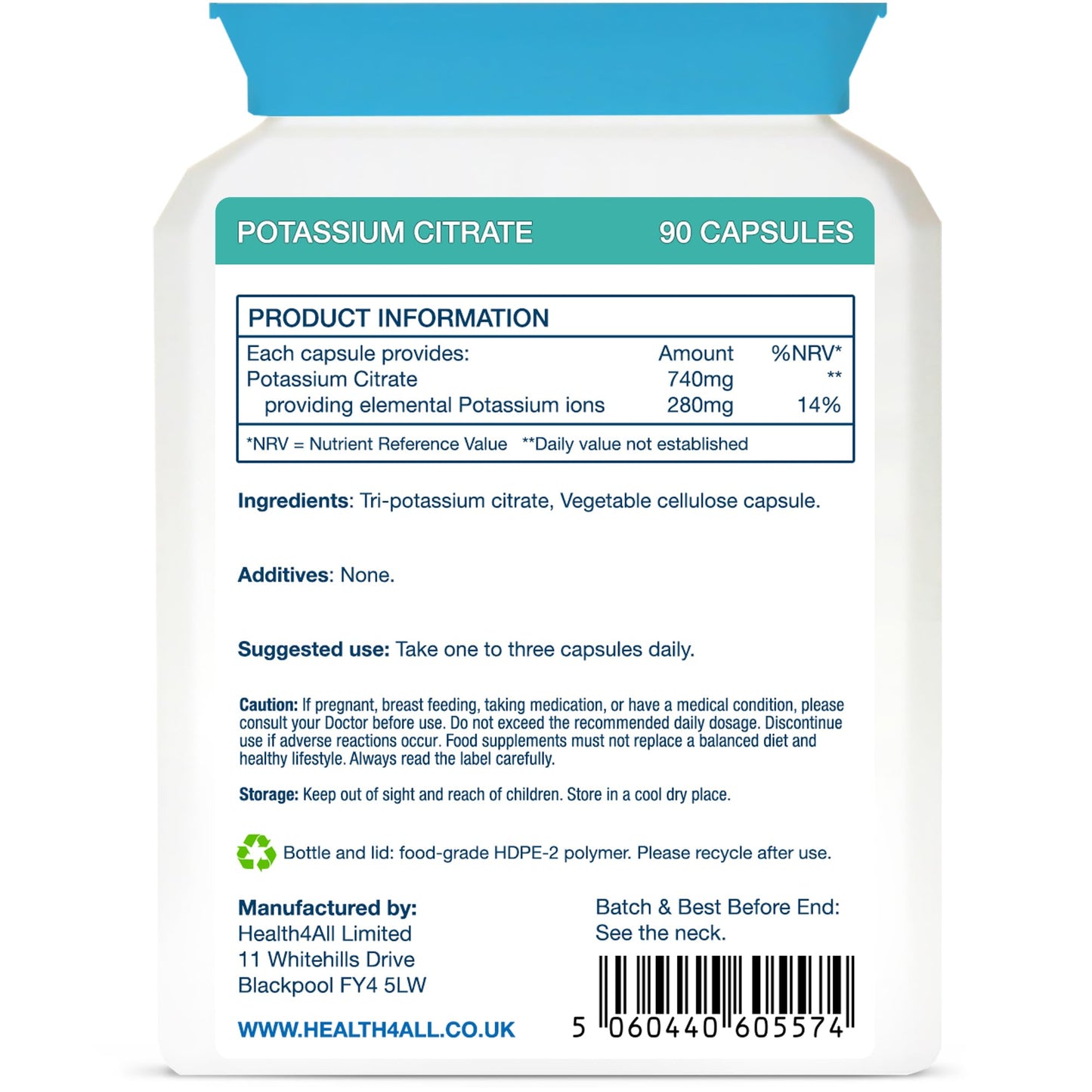 Health4All Potassium Citrate 740mg per Capsule, 90 Vegan Capsules, High Elemental K+