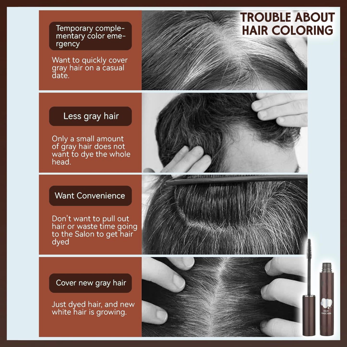 MINSHZEE Dark Brown Hair Roots Correcting Cream, Grey Hair Mascara, Women's Waterproof Hair Roots Colouring Cream, Semi-Permanent Hair Colouring Temporary Brush, Lightweight and Portable, No Hair Damage