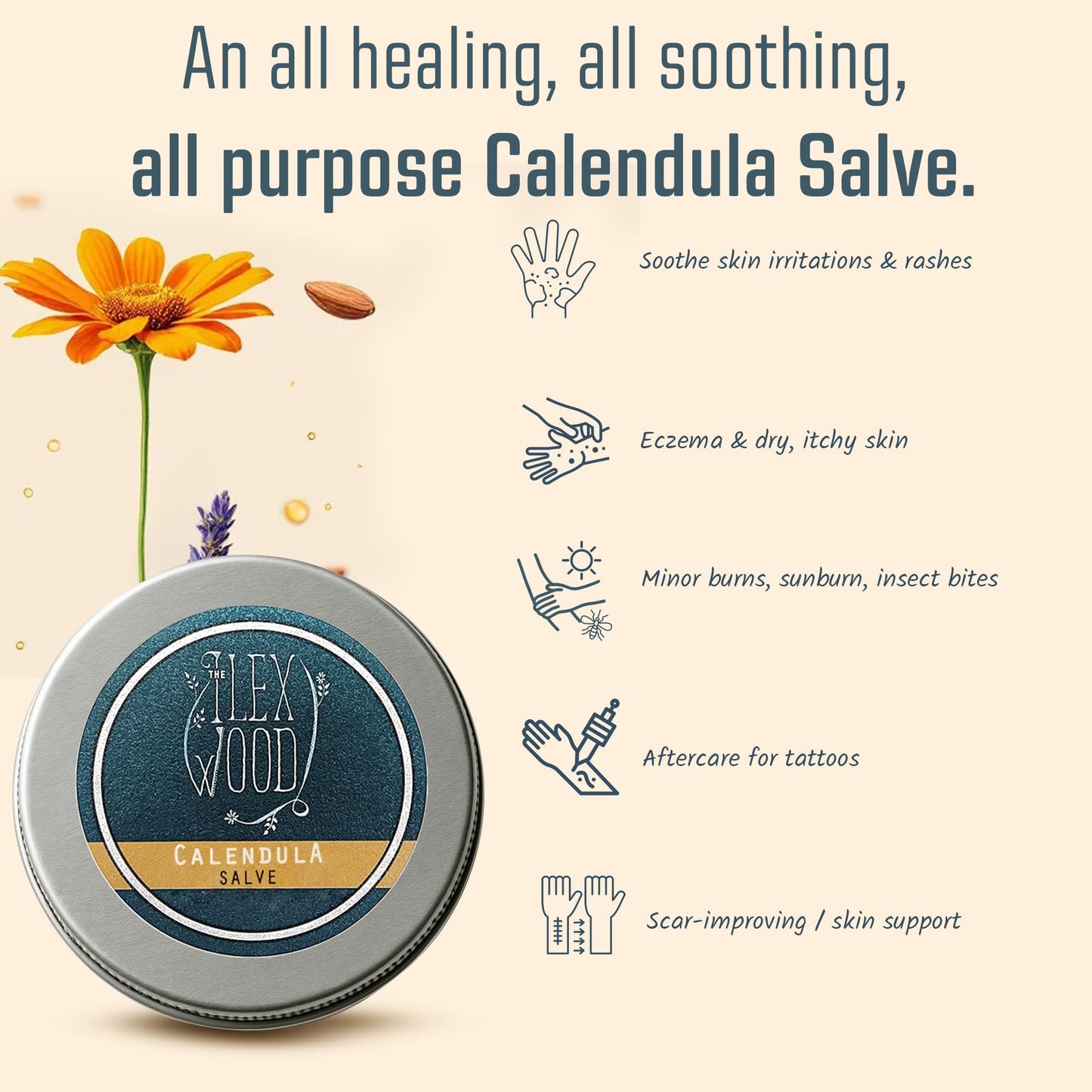The Ilex Wood - All-Natural Skin Balm - Calendula Salve - soothes rashes, itching, dry skin, eczema, cruelty free, plastic free, handmade in the UK - 100ml