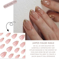 EONFAVE 24pcs False Nails French Tip - Nude Gold Edge Press on Nails Short Almond - Strong Fake Nails with Glue - Full Cover Stick on Nail for Women French Nail Art