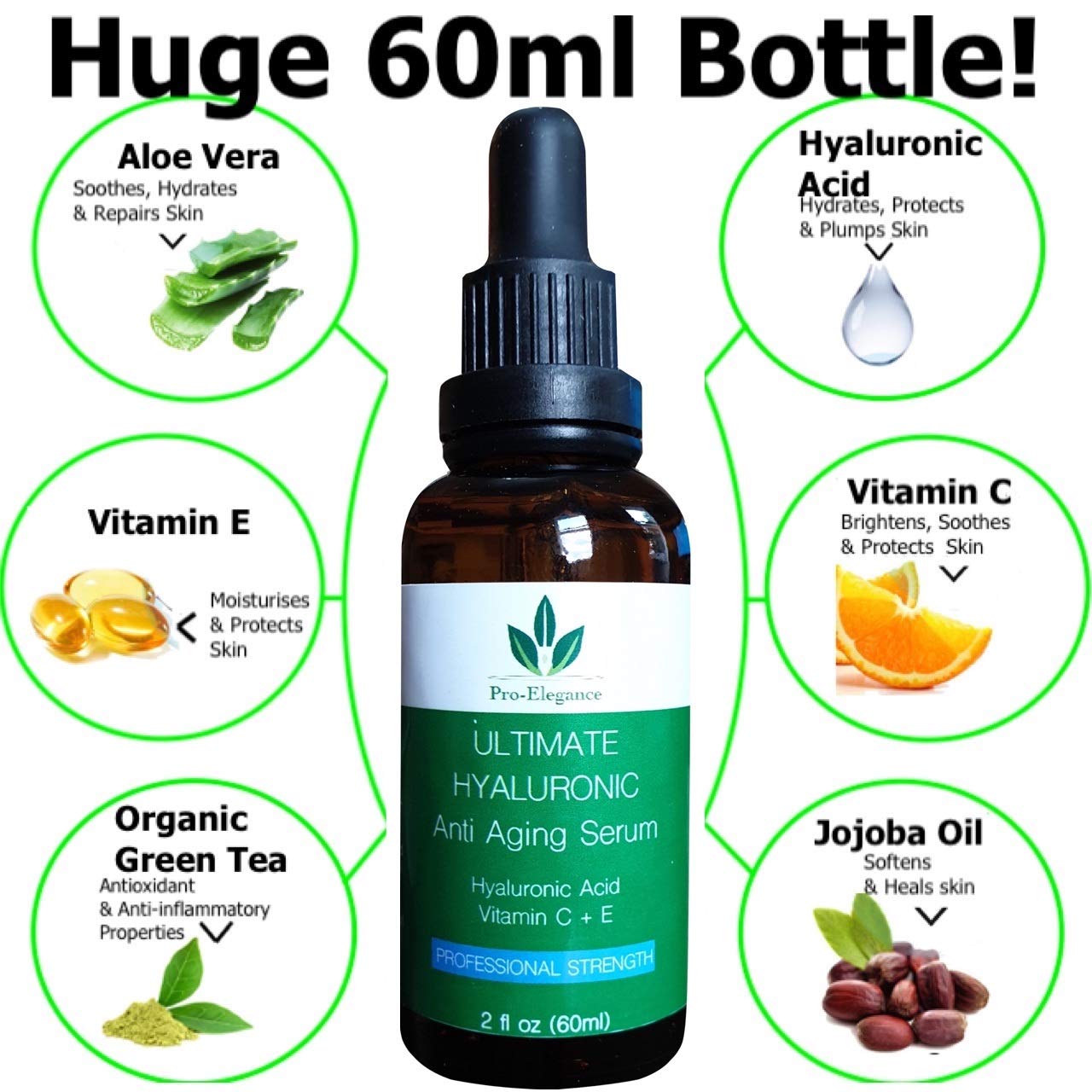 Pro-Elegance Hyaluronic Acid Serum for face 60ml Bottle Anti ageing & wrinkle Cruelty Free Best Pure Liposome Moisturiser with Vitamin C Green Tea Vitamin E & Organic Jojoba Oil