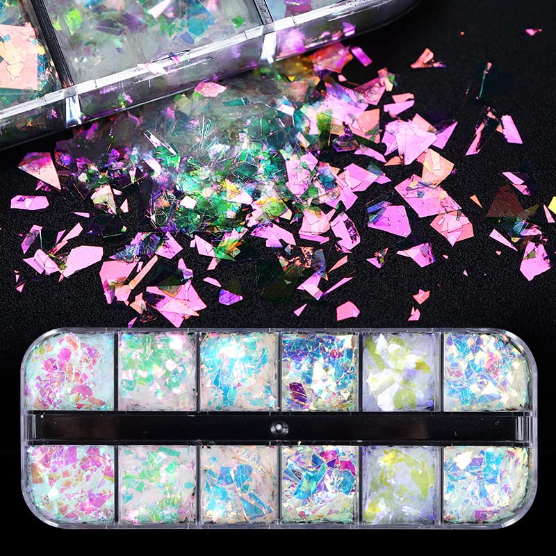 jmeowio Holographic Mermaid Nail Art Glitter Flakes JMEOWIO 12 Grids Holographic Nail Foil Gradient Bright Iridescent Ice Slag Nail Sequins Paillettes Summer Nail Art Decoration for Women Girls