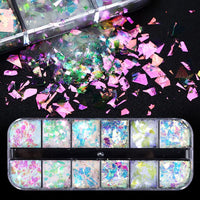 jmeowio Holographic Mermaid Nail Art Glitter Flakes JMEOWIO 12 Grids Holographic Nail Foil Gradient Bright Iridescent Ice Slag Nail Sequins Paillettes Summer Nail Art Decoration for Women Girls