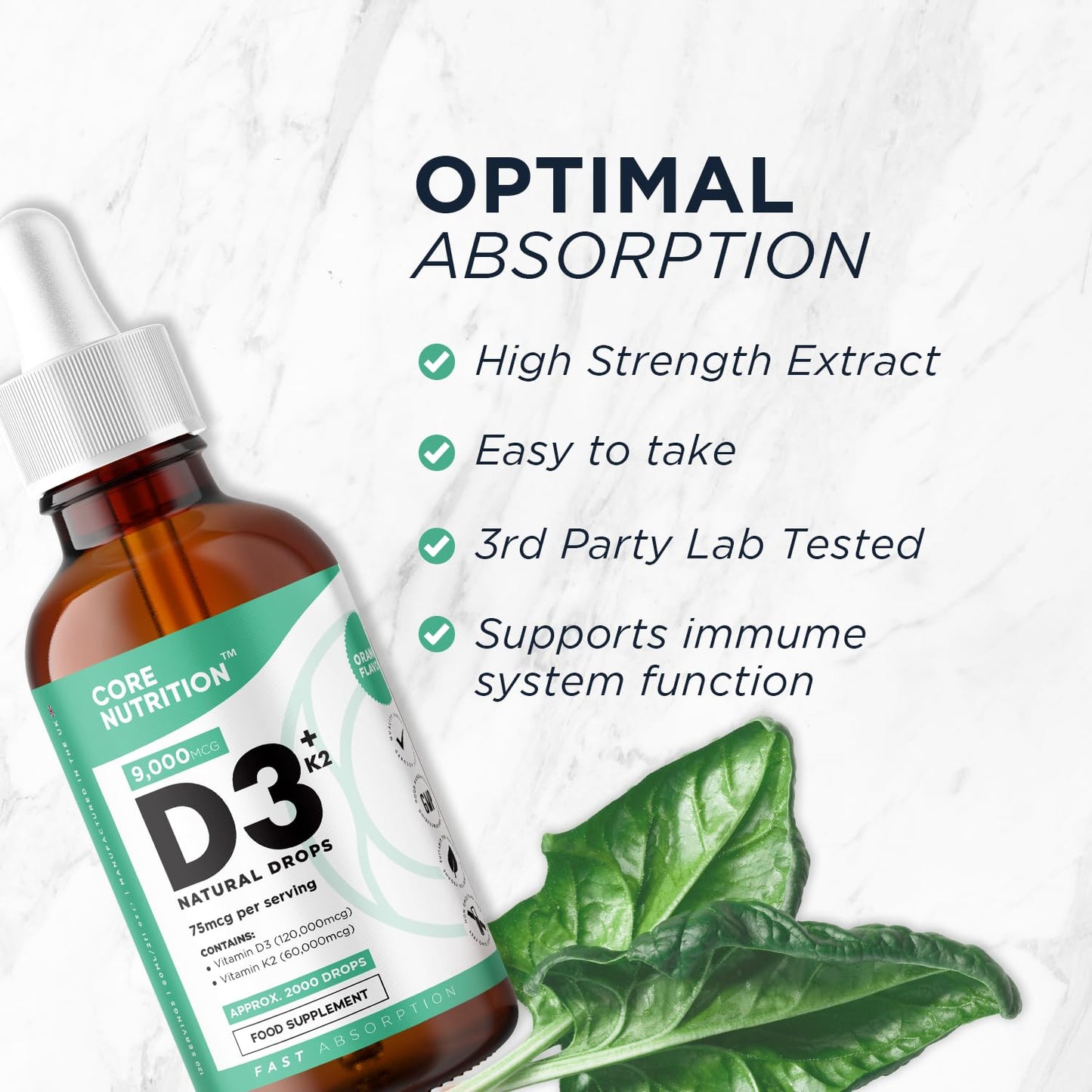 Vitamin D3 + K2 Liquid Drops by Core Nutrition - Vegan - High Strength 2000iu D3 + 25mcg K2-2 Month Supply - 120 Servings - 9,000mcg 60ml Bottle - Made in UK