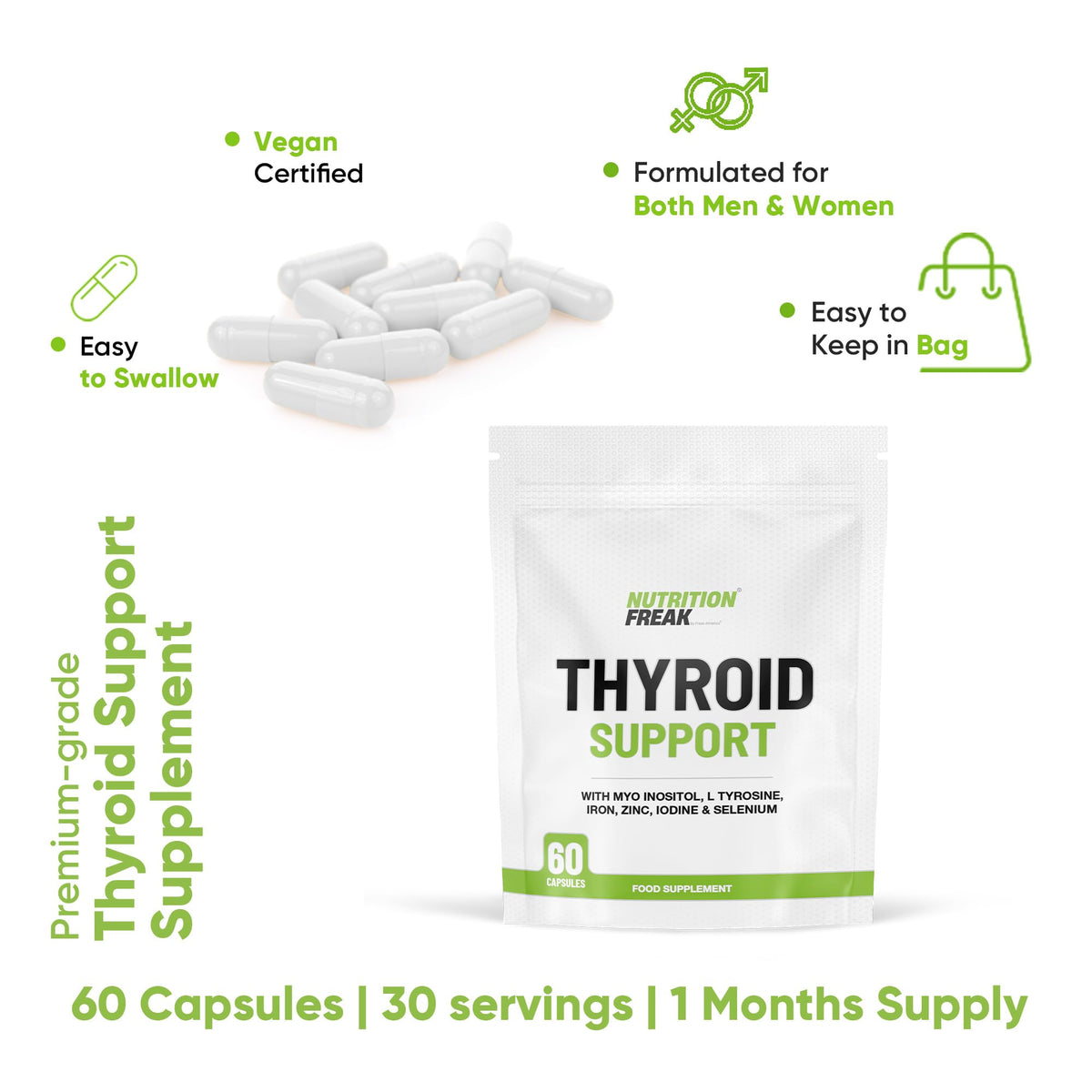 Freak Athletics Thyroid Support Supplement - 60 Capsules - Includes Myo inositol, L-Tyrosine, Iron, Magnesium, Zinc, Manganese, Selenium, Vitamin B12 - Contributes to The Reduction of Tiredness & Fatigue