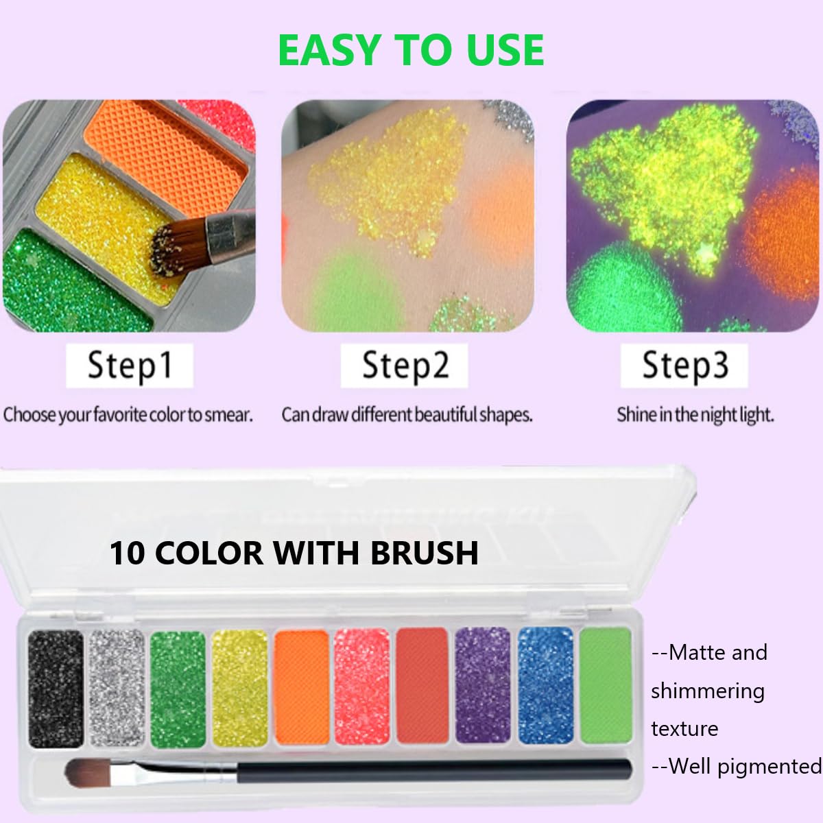 KARLOR 10 Color Fluorescent Eyeshadow, Glitter Luminous Neon UV Eyeshadow Matte Shimmer Sequins Colorful Glow Makeup Eyeshadows Palette with Brush, Neon Eye shadow Glow under UV Light