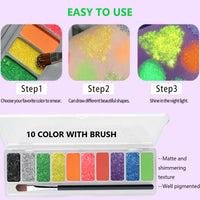 KARLOR 10 Color Fluorescent Eyeshadow, Glitter Luminous Neon UV Eyeshadow Matte Shimmer Sequins Colorful Glow Makeup Eyeshadows Palette with Brush, Neon Eye shadow Glow under UV Light