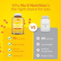 Vitamin D3 Gummies 4000IU Adults - 90 Vegetarian Gummies - Natural Orange Flavour - Chewable VIT D Gummy Supplement - Made in the UK - Nu U Nutrition