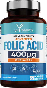 Folic Acid 400 mcg Tablets - 400 Vegan Vitamin B9 Tablets for Women, 13 Month Supply, Folic Acid Pregnancy for Normal Function of Immune System and Maternal Tissue Growth - Made in The UK by YrHealth