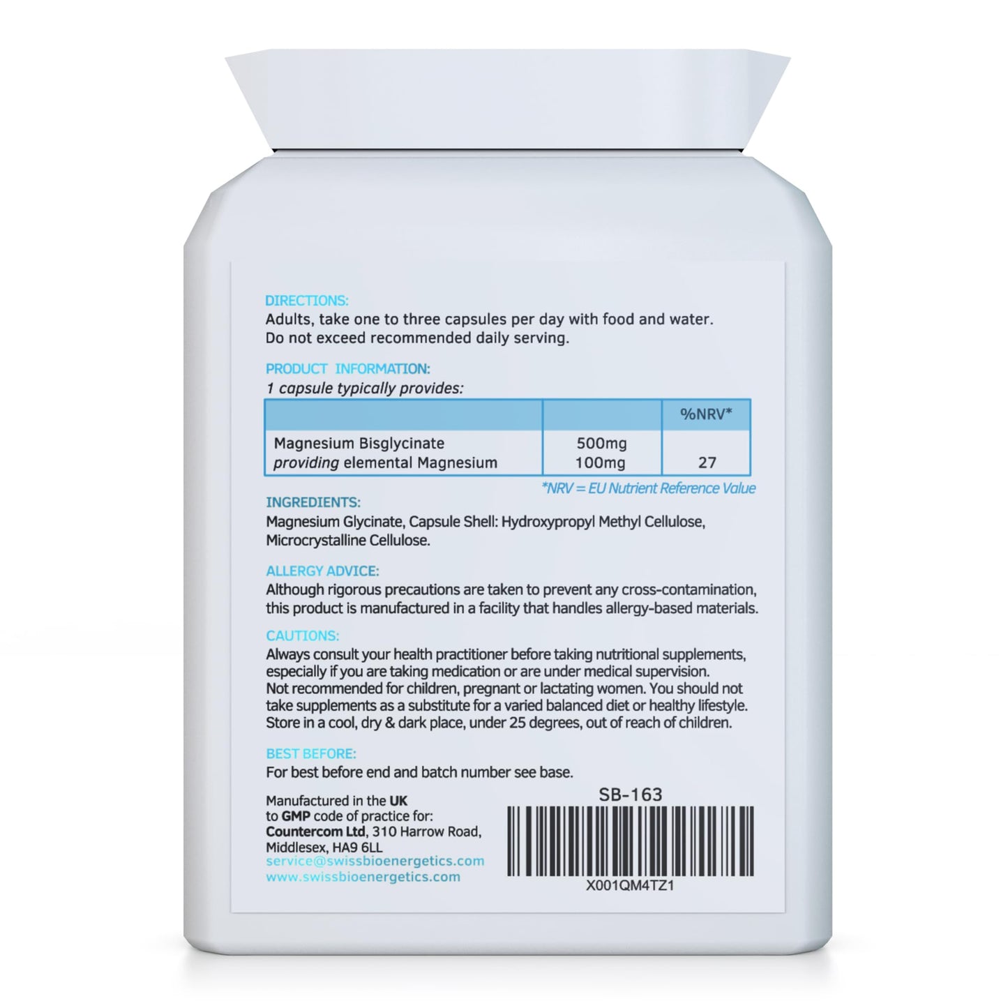 swiss bioenergetics Magnesium Bisglycinate (Glycinate) 500mg - 90 Highly Bioavailable, Maximum Absorption Capsules for Better Sleep, Muscle and Nerve Support Vegan & UK Made