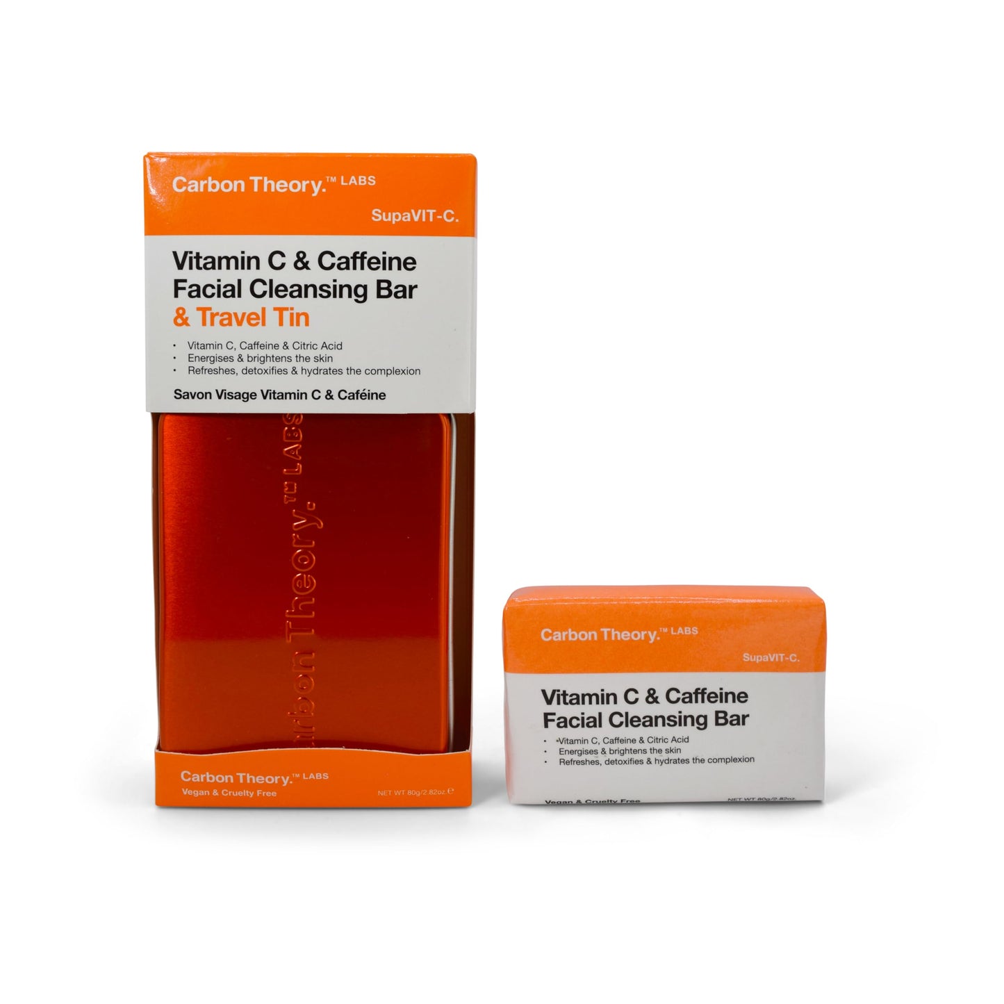 Carbon Theory Vitamin C Face Wash Bar Facial Cleansing Bar & Travel Soap Case Tin - Brightens & Evens Skin Tone - Vegan Travel Face Wash for Acne Prone Skin - Caffeine & Citric Acid - SupaVIT-C, 80g