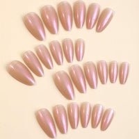 Viugex 24Pcs Press on Nails Medium Almond, Nude Pearlescent False Nails, Glossy Solid Soft Gel Fake Nails Set, Ballerina Glitter Glue on Nail, Natural Removable Acrylic Stick on Nail for Women Girls