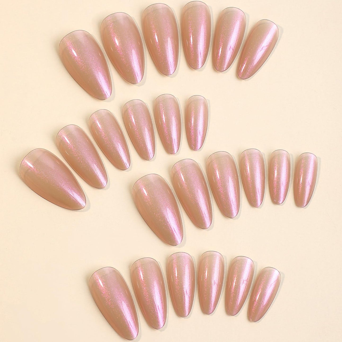 Viugex 24Pcs Press on Nails Medium Almond, Nude Pearlescent False Nails, Glossy Solid Soft Gel Fake Nails Set, Ballerina Glitter Glue on Nail, Natural Removable Acrylic Stick on Nail for Women Girls