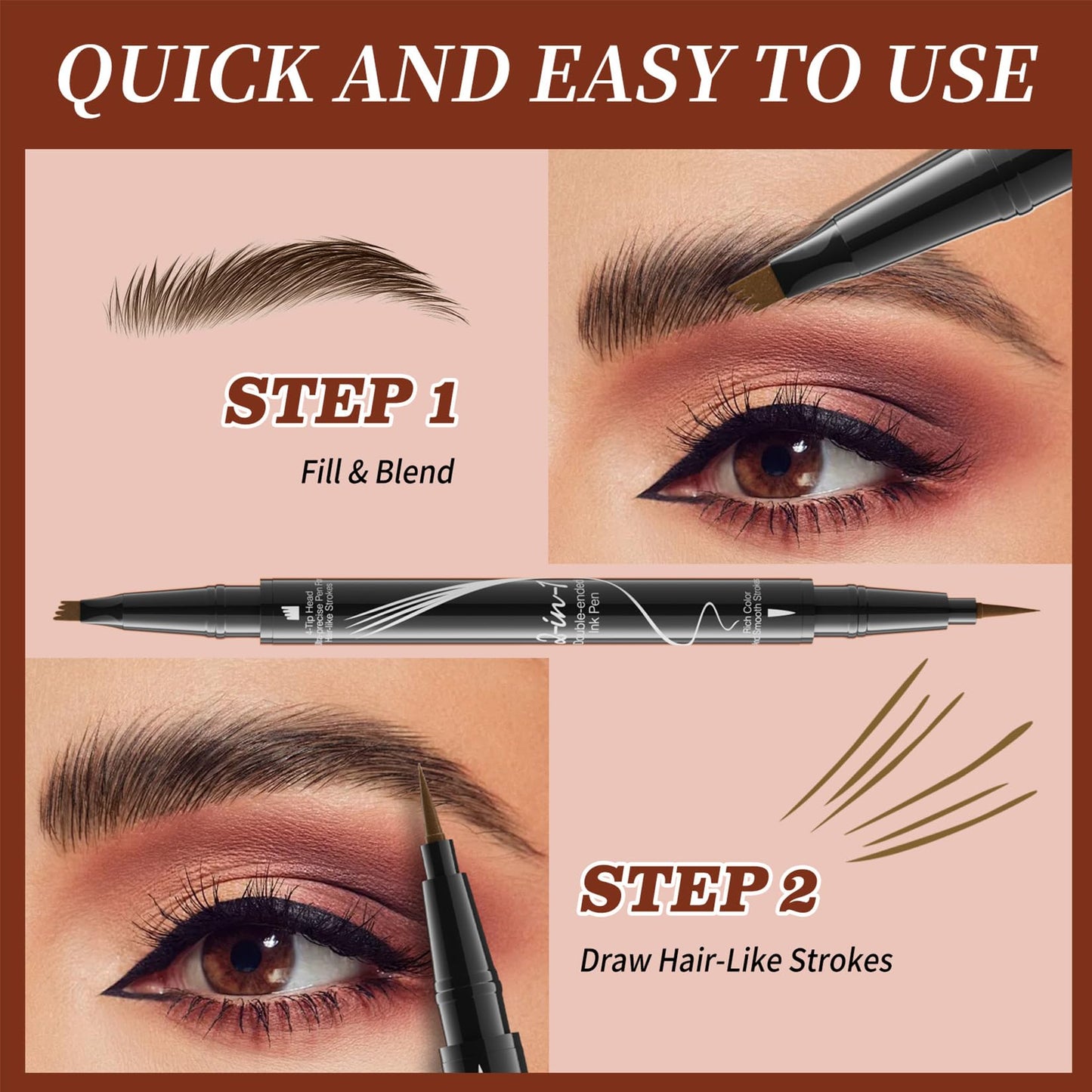 Mikloven 2-in-1 Waterproof Eyebrow Pencil – Dual-Ended Brow Pen with 4-Fork Tip & Precision Brush for Natural Hair-Like Strokes – Smudge-Proof, All-Day Wear (Dark Brown)