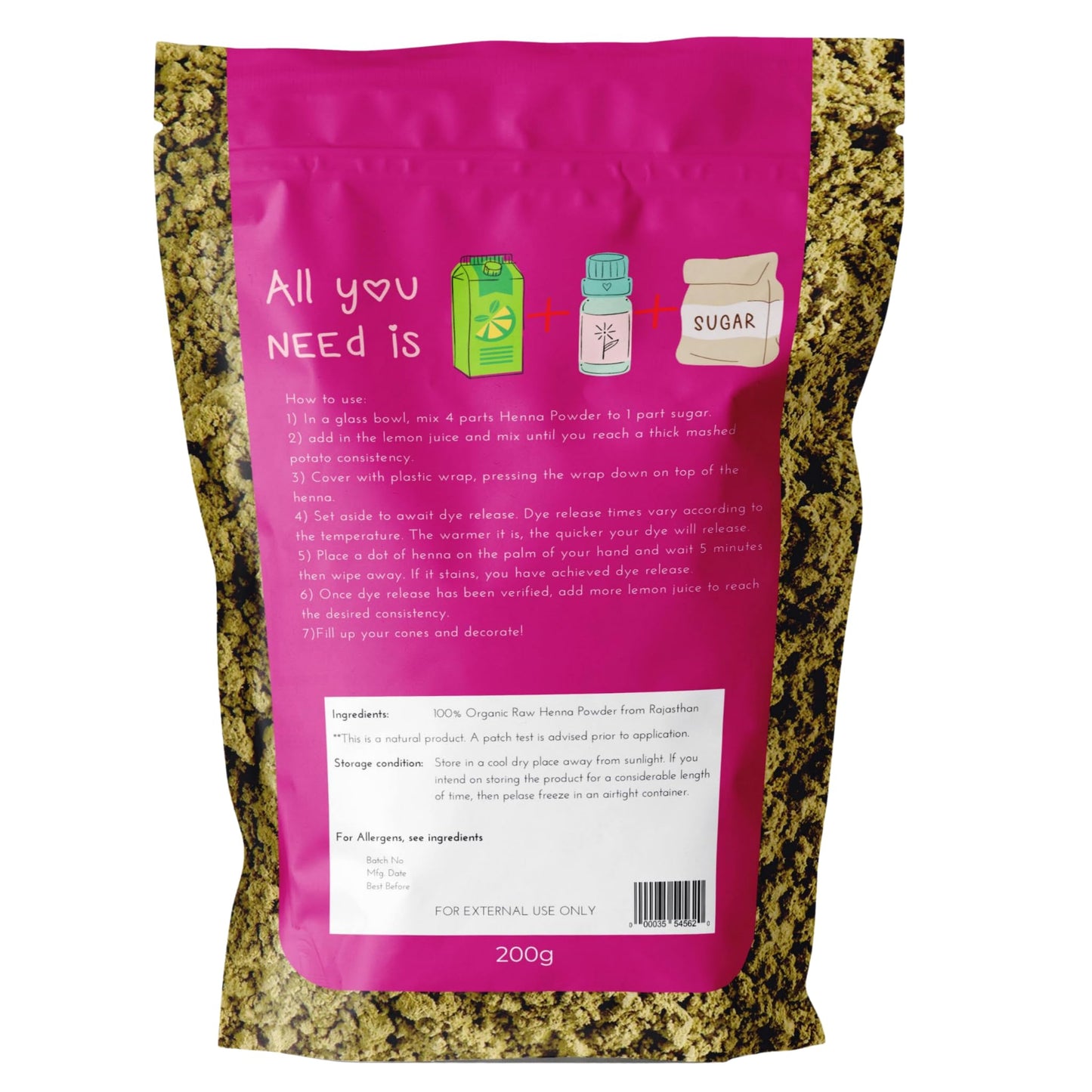 Clean Organics 200g Organic Certified Rajasthani Henna Powder 100% Pure Mendhi Natural Hair Colour Dye Triple Sifted BAQ