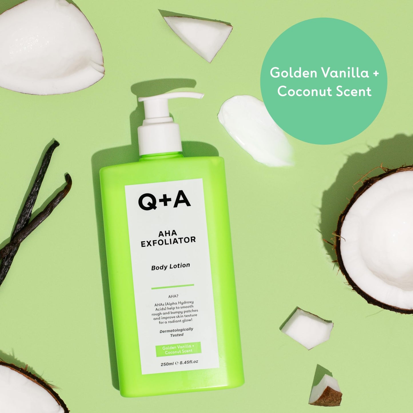 Q+A AHA Exfoliator Body Lotion 250ml, Smoothing Body Moisturiser