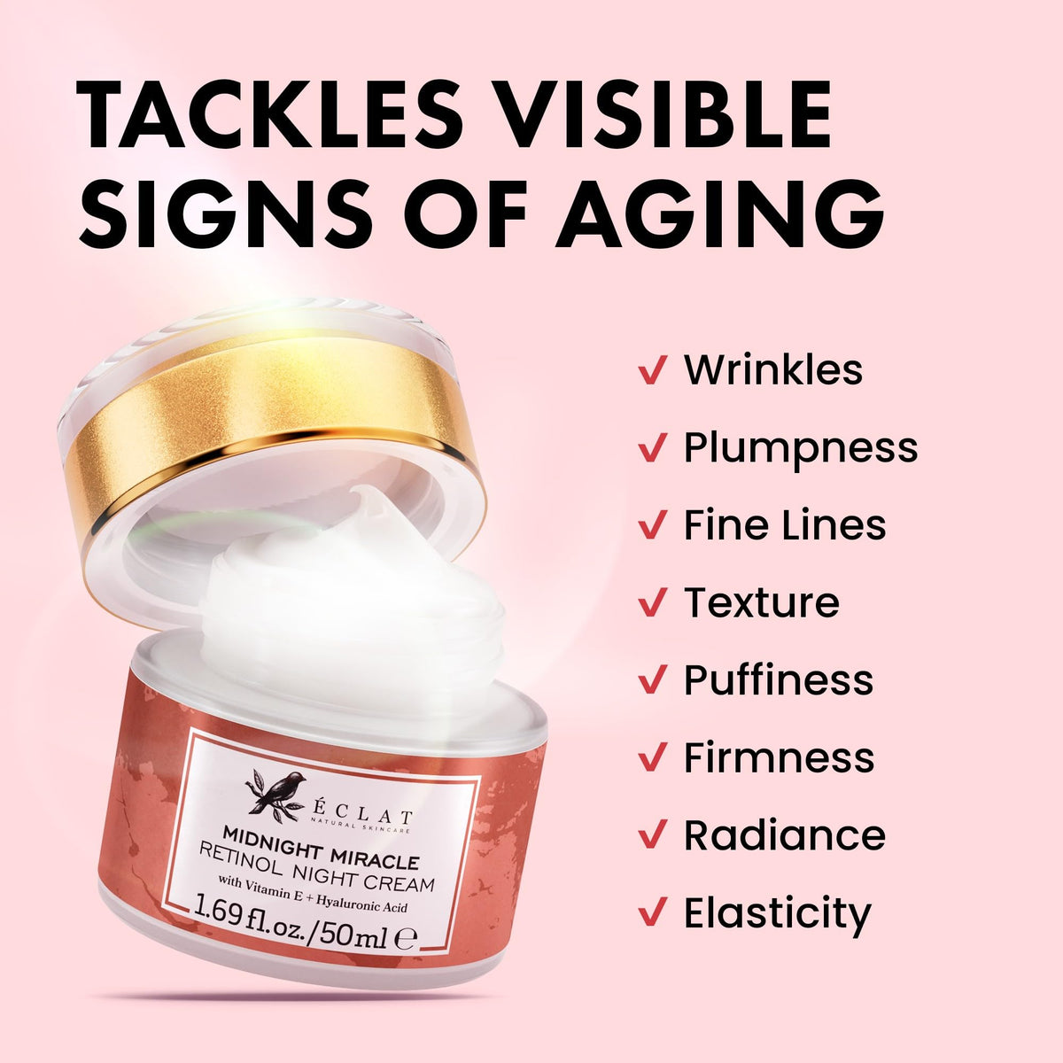Eclat Skincare Retinol Night Cream – Advanced Retinol Cream for Face with Hyaluronic Acid – Anti Aging to Smooth Wrinkles & Fine Lines - Firming & Hydrating Face Moisturizer for Women and Men 50 ml