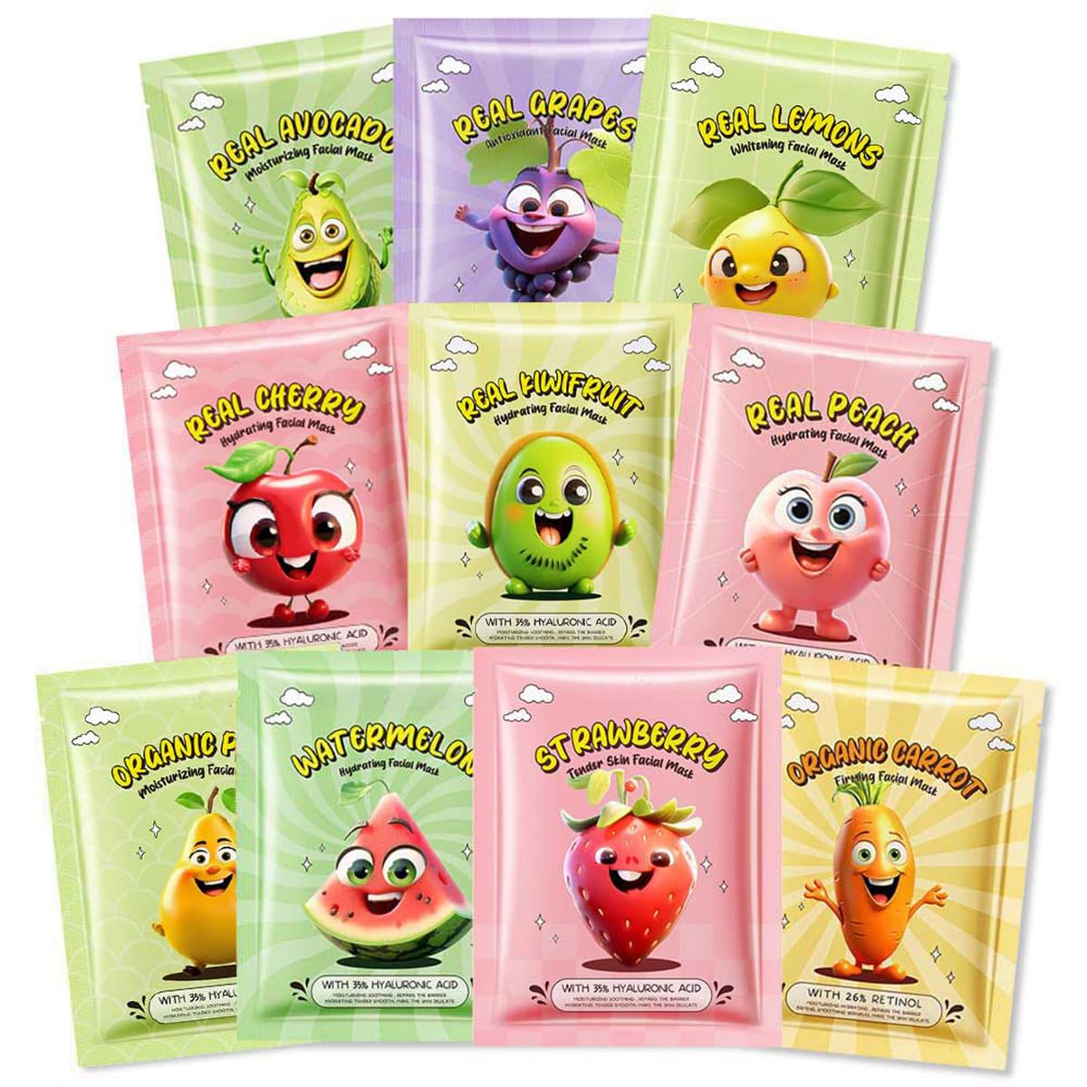 HQDA 10 Pack Fruit Face Masks Set Christmas Kit – Kiwi, Lemon, Grape, Cherry, Watermelon, Avocado & More, Moisturising Fruit Sheet Masks, Adult Girls Gentle Skincare for All Skin Types