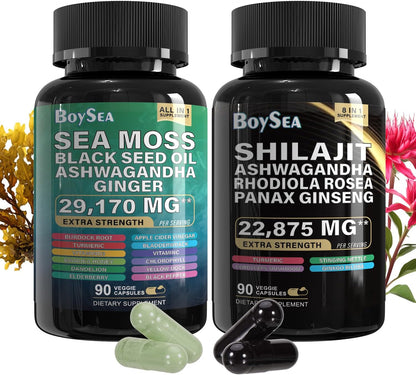 Sea Moss and Shilajit Bundle - All in 1 Supplements (90 Count Each, 180 Caps Total)