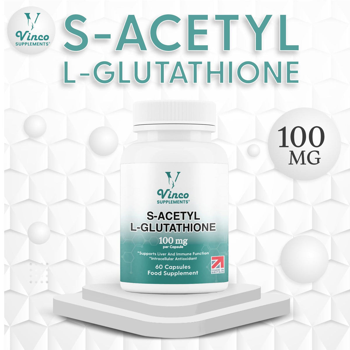 Vinco Supplements Vinco S-Acetyl L-Glutathione Supplement, 60 L-Glutathione Capsules, Antioxidant Supplement, Support Immune System & Neuron Health- 100mg per Serving, Protects Liver Function - Non-GMO & Gluten Free