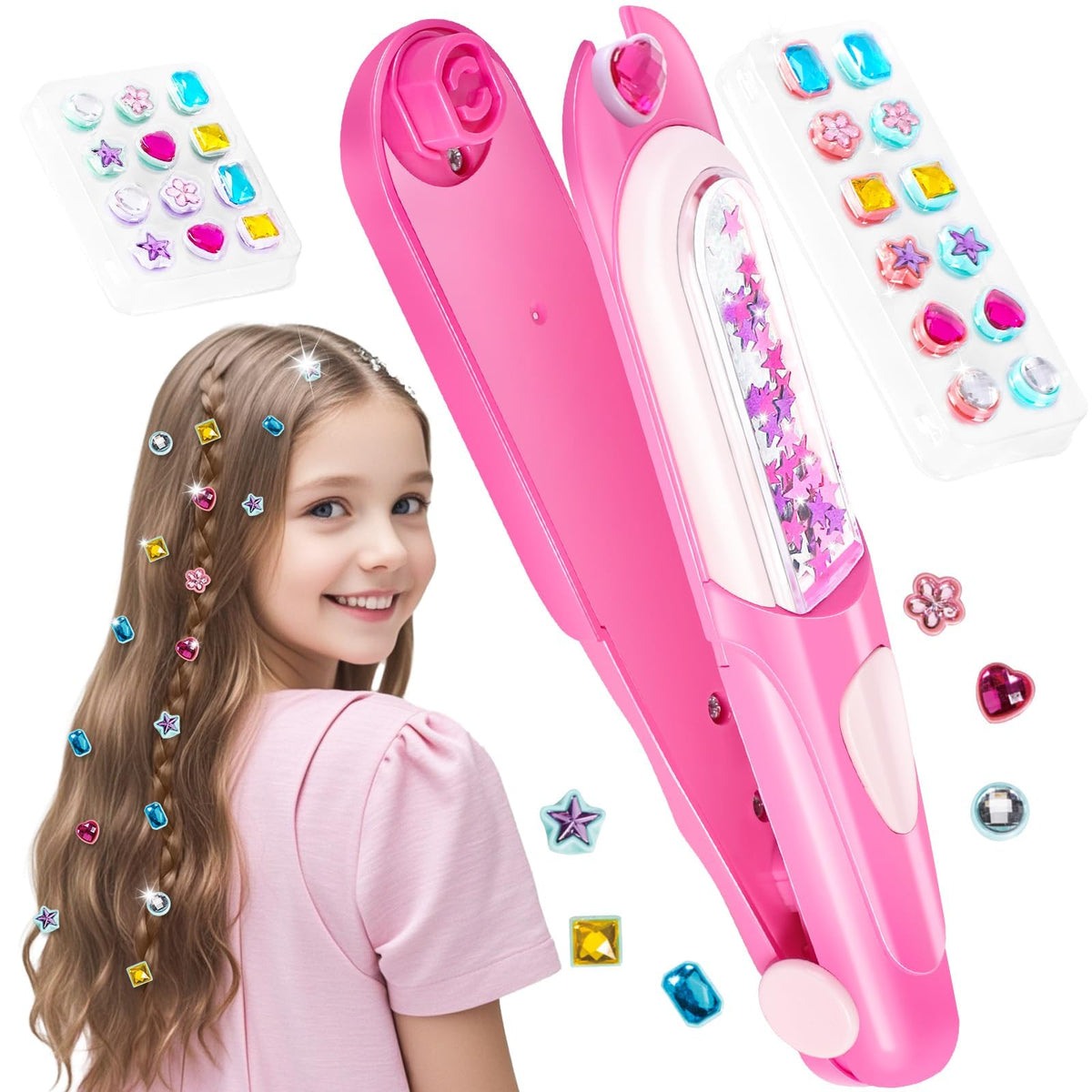 JoyJoyful Gifts 5 6 7 8 9 10 Year Old Girls, Hair Gem Stamper Kit Toys for Girls Age 6-12, Kids Hair Accessories Birthday Presents, DIY Hair Styling Tool with Reusable Shining Diamonds